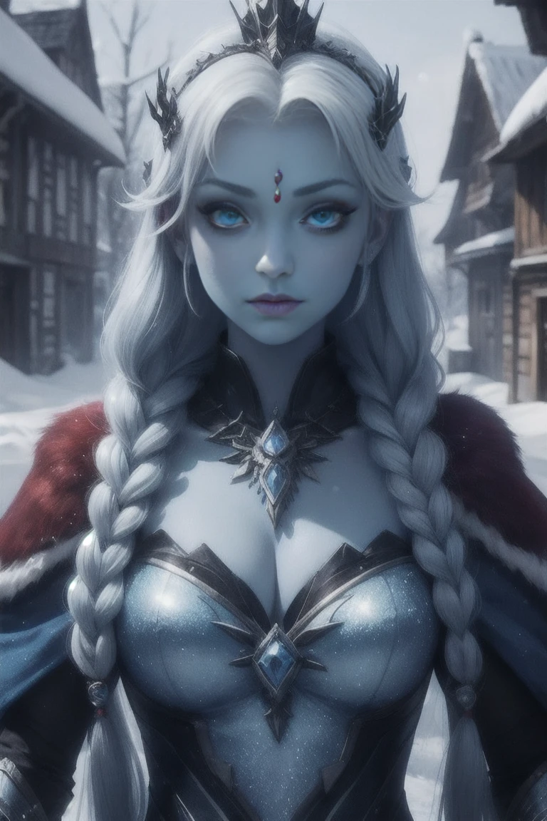 Blue skin, Frozen princess, rare, ice maiden, shiva armor, beautiful women, long icy hair, icy eyes, blue skin, winter village,