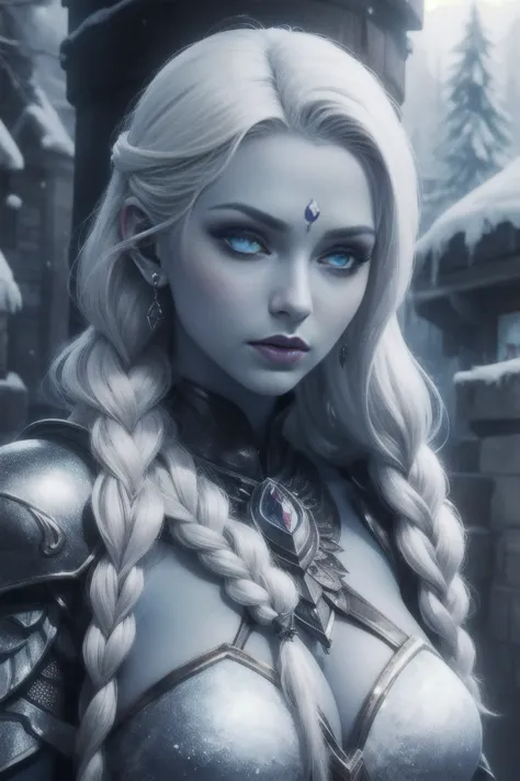 Blue skin, Frozen woman, rare, ice maiden, shiva armor, beautiful women, long icy hair, icy eyes, blue skin, winter village,