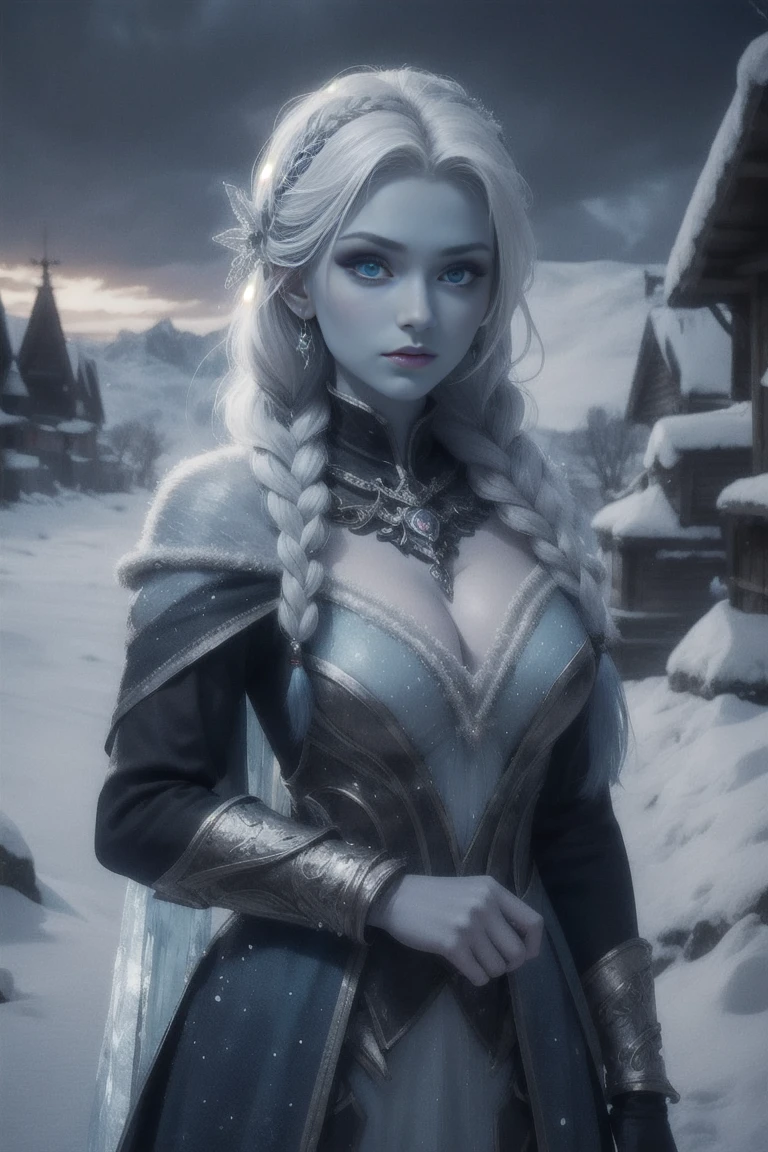 Blue skin, Frozen woman, rare, ice maiden, shiva armor, beautiful women, long icy hair, icy eyes, blue skin, winter village,