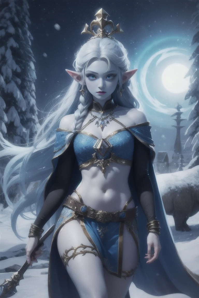 Blue skin, Frozen, Princess Zelda , rare, ice maiden, shiva loincloth armor, beautiful women, long icy hair, icy eyes, blue skin, winter village,