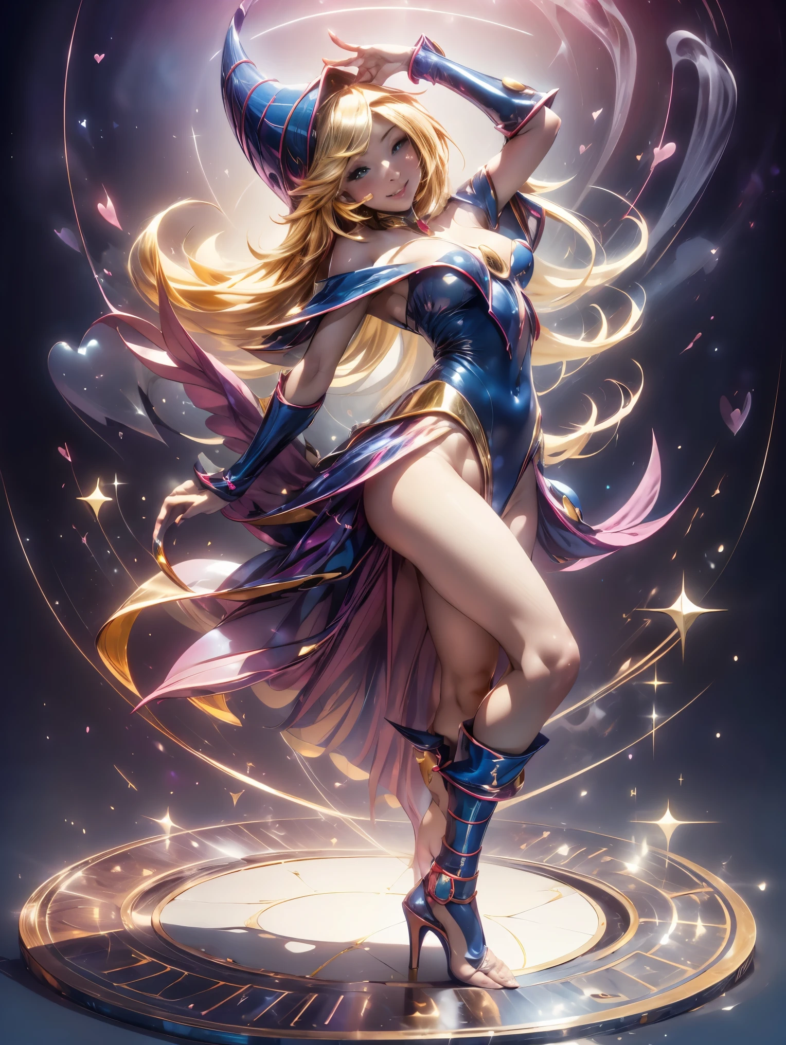 Dark magician gils en el aire, ella esta parada saltando, Magic hearts background. Sonrisa en sus labios. Ojos celestes. Cabello dorado. Pose sensual. Levitando en una pie. ella esta desnuda . desnudo. Tiene tacones. 1.1 Usa tacones azules y dorados . Usa tacones 