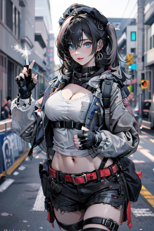  19 years old, (milf:0.8), (solo:1.5), (sfw:1.25), sexy breast, beautiful breasts, (medium tits:0.8), thin waist, big ass:1.0, Raised sexy, (black beret,black military jacket, open clothes, cleavage, midriff, black shorts, black thighhighs, thigh strap, fingerless gloves, single glove:1.2), blue eyes, light smile, big , Revimpling fabric, earrings, Hand gloves, detailed face,(hold a cigarette:1.1),long hair,side ponytail,hair between eyes,bangs,detailed and beautiful eyes,beautiful detailed lips,Rolling her eyes,manner,hair over one eye, (ultra high resolution, 8K RAW photo, photo realistics, thin outline:1.3, clear focus), best qualtiy, natural lighting, textile shading, field depth, (Bright pupils, fine detailed beautiful eyes with highlight:1.3, high detailed face), Red lip, fine realistic skins:1.1, looking down viewers:1.3, (dynamic angle:1.3, front view:1.1, breast focus:1.3, from above:1.2), (dynamic posing:1.5, sexy posing:1.2),Youghal, side lock, hair ornaments,nice,garden background,artistic rendering,Super detailed,(highest quality,4k,8K,High resolution,masterpiece:1.2),Bright colors,studio lighting ,at military base in usa
