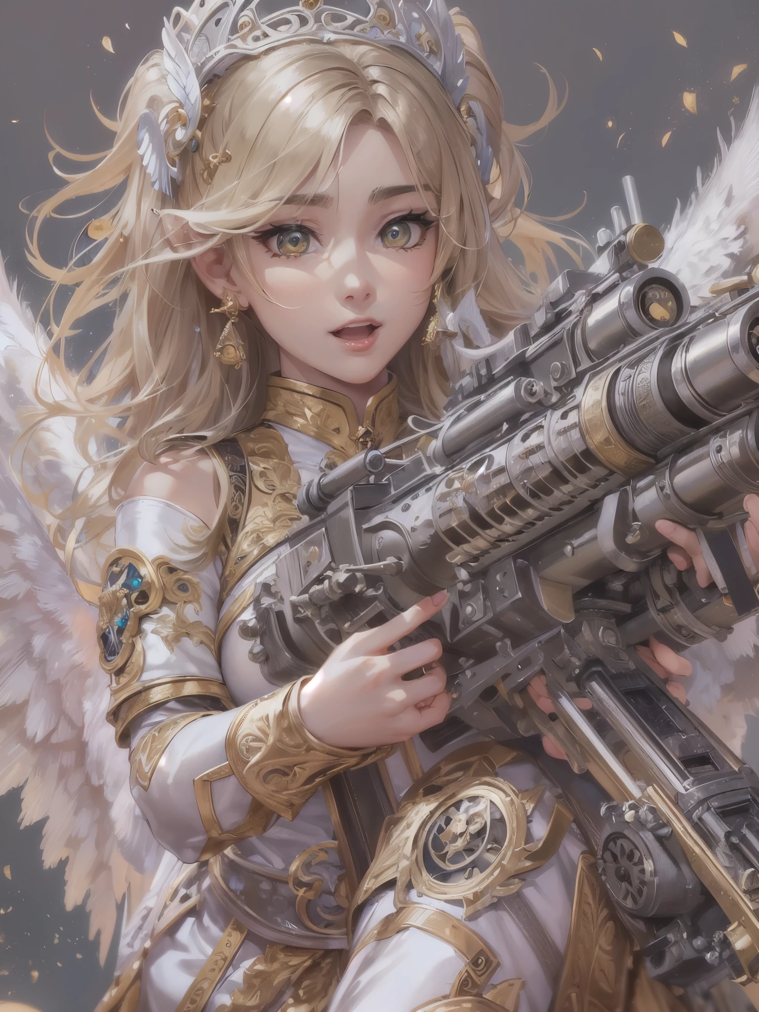 ((highest quality)),(ultra high resolution),(Super detailed),(detailed description),((The best CG)),(best work of art),super precision art,amazing drawing art,(Fantasy art with intricate detail:1.5), (Female angels:1.8),(beautiful and well-shaped face:1.5),smile:1.3,(gatling gun:1.6)