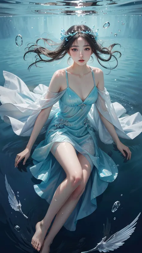 best quality，masterpiece，ultra high resolution，（realism：1.4），raw photos，cold light，woman wearing transparent dress underwater，fu...