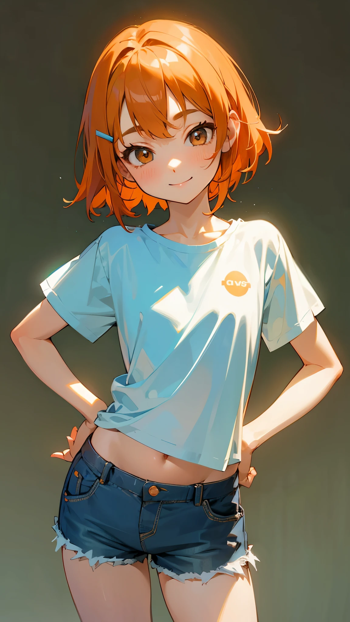 1 girl、cowboy shot、Simple T-shirt、light blue medium hair、Beautiful brown eyes、Orange hair clip、flat chest、smile、Put your hands on your hips、shorts