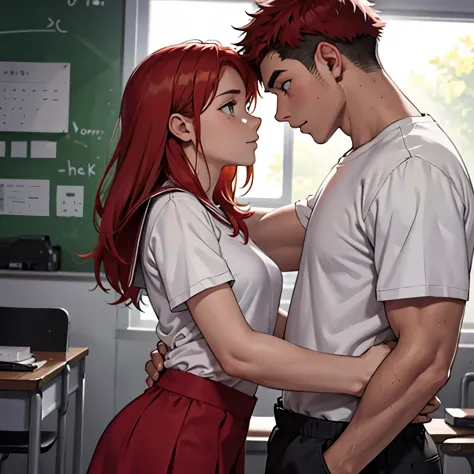 There is a 16-year-old girl with red hair and a white school shirt and a slim gray-haired, gray-eyed boy in a white shirt. She g...