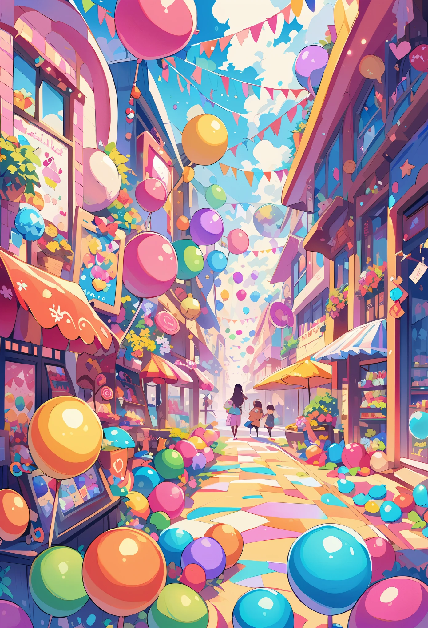 A colorful candy-themed mall with giant lollipops, candy canes, and chocolate bars adorning the walls, creating an enchanting atmosphere for children to explore in their dreamy world of sweet treats. The artwork focuses on faces. 