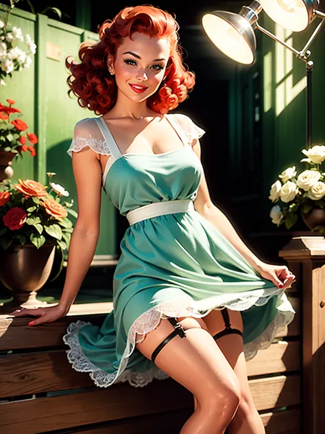 woman, vintage pin-up,red curly hair, little smile,fence soft flowery dress, garter belts, studio lights