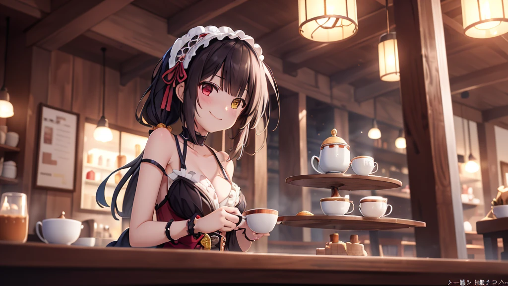 (original photo, best quality), 1 girl, Tokisaki Kurumi, natural lighting, Upper body, cafes, Smile, Satosh Khan Art Style