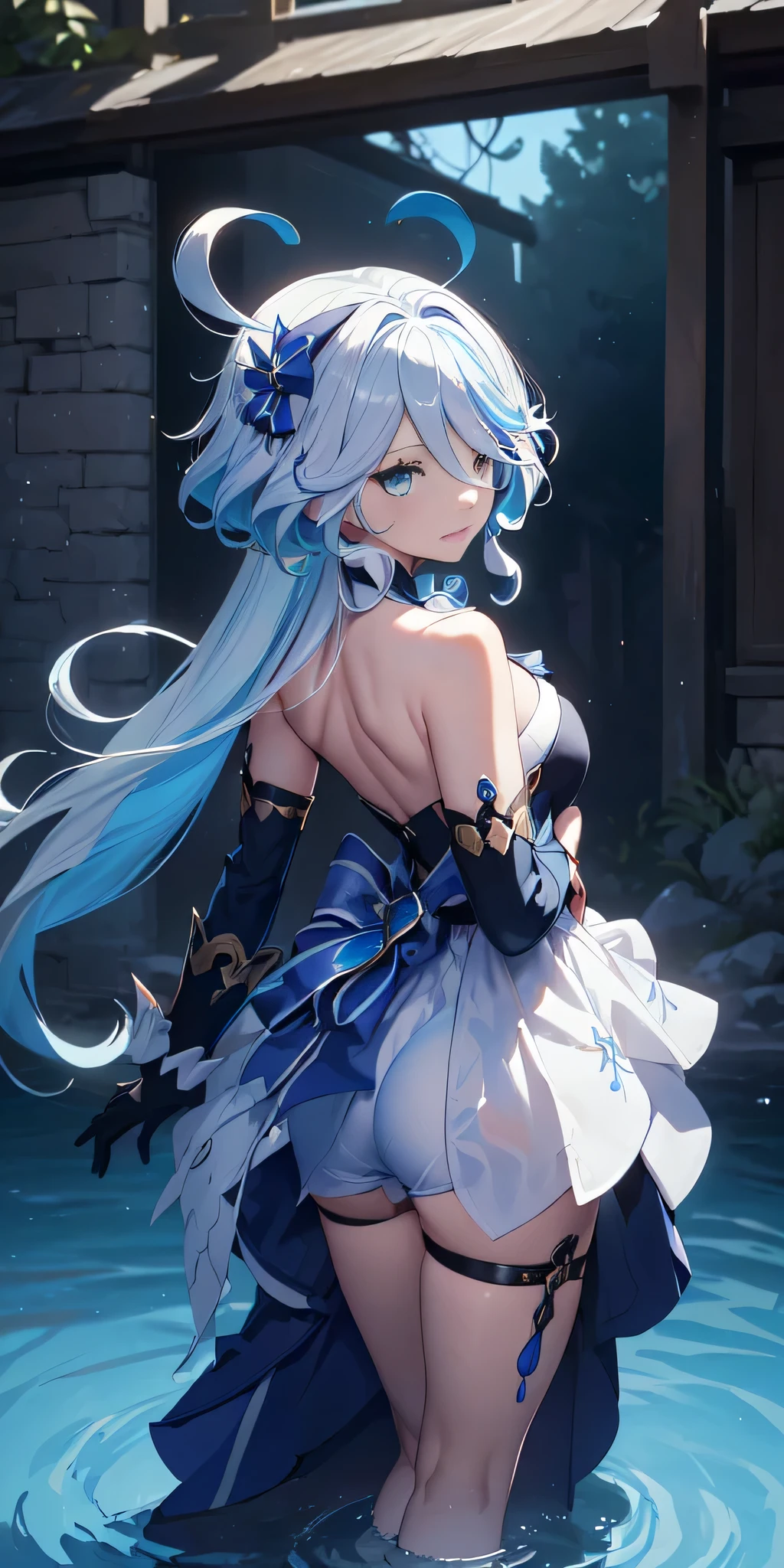 
All the intricate details: "(a girl from the video game: (Genshin Impact,
 character Furina) with a dress and a long skirt standing next to a kind of stone wall with stars, 1 girl view, long hair, (furina), alone, gloves, smile, red eyes, fingerless gloves, black gloves, look to the viewer, hair decoration, bare shoulders, bangs, water, closed mouth, hair between eyes, blue eyes, blue hair, white hair, highlighted hair, gloves, hat, white gloves, blue hats, ahoge, black gloves, long sleeves, ascot, jewelry, brooch, black hats, ruffles, random pose, low angle, see tanga, ass shot)"