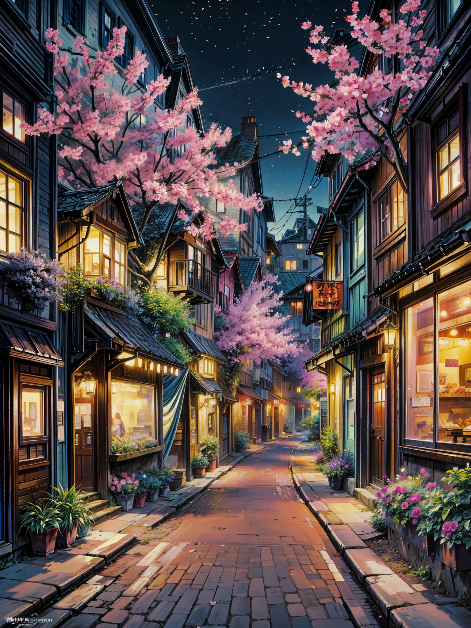 A painting of a street with flowers and buildings at night - SeaArt AI