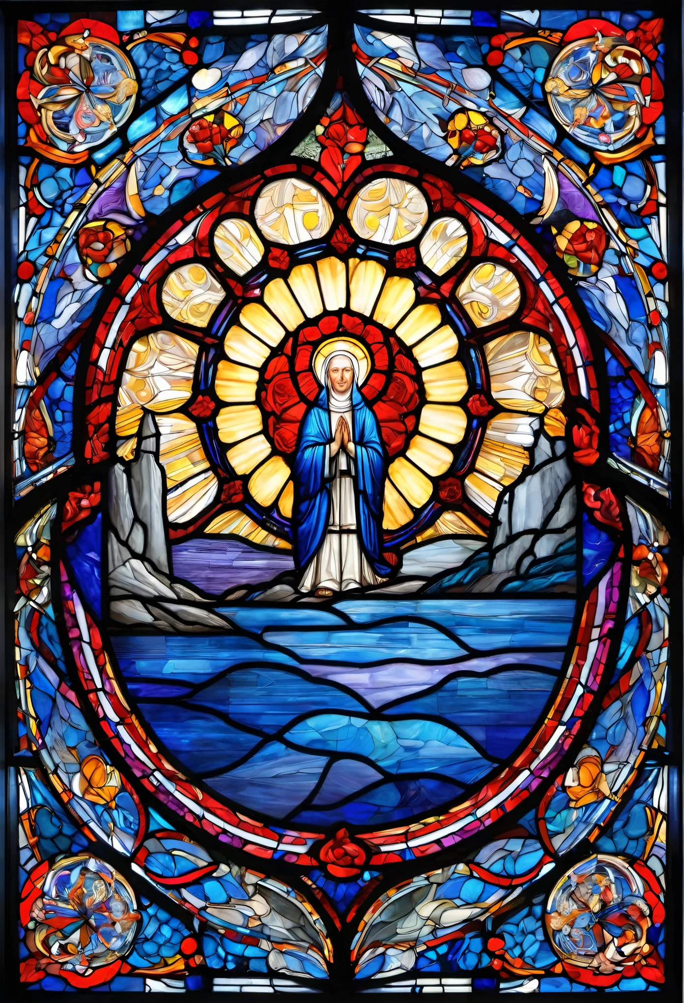 Nun,praying,The image depicts a vibrant and captivating rose window, a circular design that exudes a sense of both elegance and enchantment. Composed primarily of blue, purple, and red hues, the window exudes a sense of warmth and richness, evoking a feeling of deep contentment and peace.The window's circular shape symbolizes wholeness, unity, and infinity, reinforcing its role as a focal point for meditation and reflection. The blues and purples suggest a serene and calm energy, while the reds impart a sense of passion and warmth. The combination of these colors creates a harmonious balance that is both invigorating and soothing.The window is embellished with various small patterns and designs, each one unique and distinctive. These patterns add depth and intricacy to the window's overall appearance, enhancing its visual impact. They are reminiscent of petals, leaves, and other natural elements, connecting the window to the natural world and the cycles of life.The rose window is a traditional element of Gothic architecture, often found in cathedrals and other ecclesiastical buildings. It was designed to capture and redirect natural light in order to create a dazzling effect, enhancing the sacredness of the space. Today, it continues to inspire wonder and reflection among those who gaze upon it,completing the stable diffusion of serenity and contentment,masterpiece, best