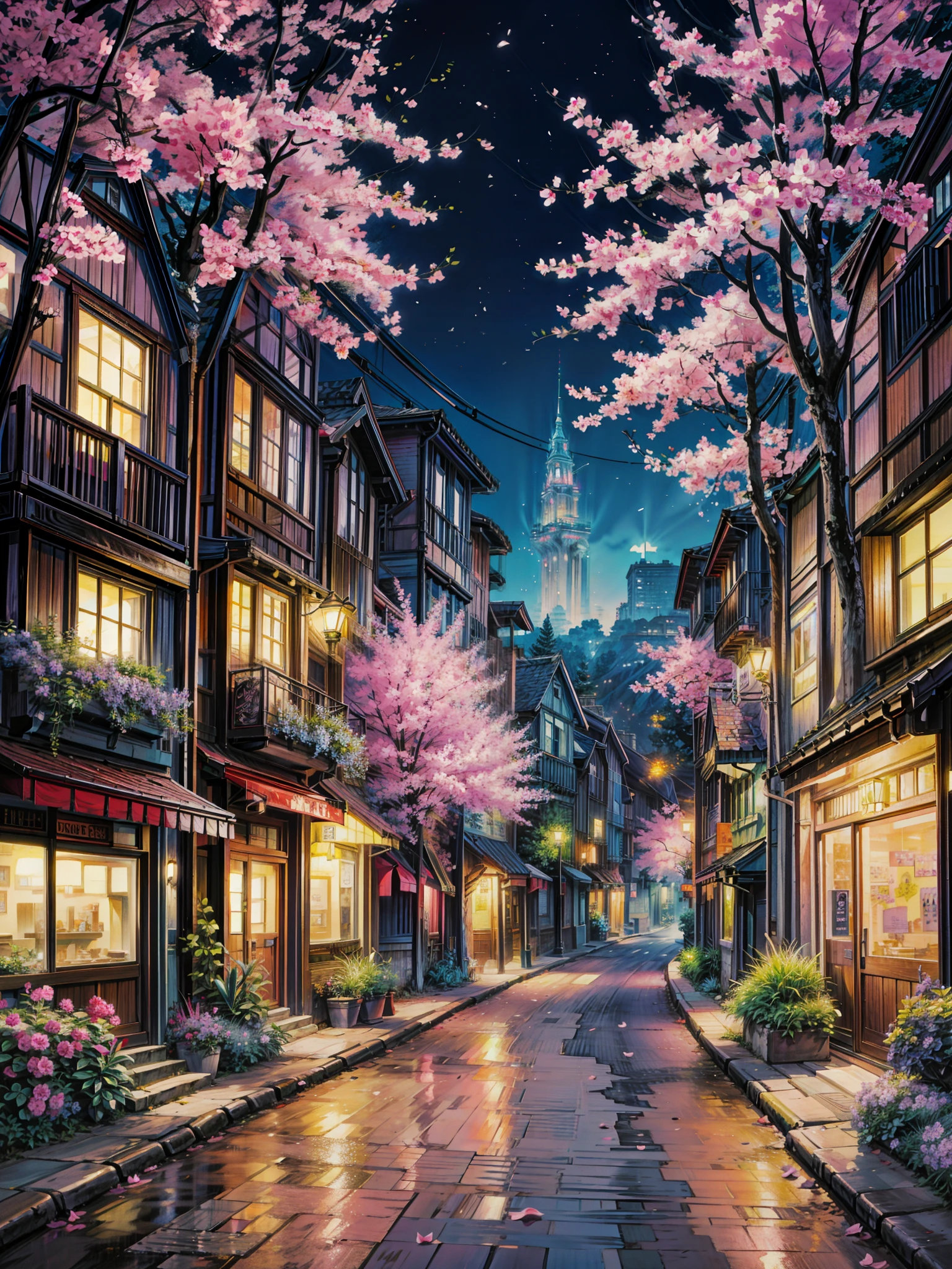 A painting of a street with cherry blossom trees and a clock tower ...