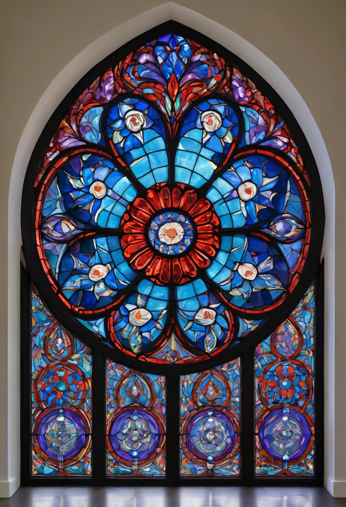 Nun,praying,The image depicts a vibrant and captivating rose window, a circular design that exudes a sense of both elegance and enchantment. Composed primarily of blue, purple, and red hues, the window exudes a sense of warmth and richness, evoking a feeling of deep contentment and peace.The window's circular shape symbolizes wholeness, unity, and infinity, reinforcing its role as a focal point for meditation and reflection. The blues and purples suggest a serene and calm energy, while the reds impart a sense of passion and warmth. The combination of these colors creates a harmonious balance that is both invigorating and soothing.The window is embellished with various small patterns and designs, each one unique and distinctive. These patterns add depth and intricacy to the window's overall appearance, enhancing its visual impact. They are reminiscent of petals, leaves, and other natural elements, connecting the window to the natural world and the cycles of life.The rose window is a traditional element of Gothic architecture, often found in cathedrals and other ecclesiastical buildings. It was designed to capture and redirect natural light in order to create a dazzling effect, enhancing the sacredness of the space. Today, it continues to inspire wonder and reflection among those who gaze upon it,completing the stable diffusion of serenity and contentment,masterpiece, best