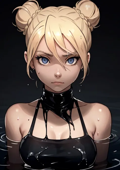 an eye contact of a blond with bun hair and dark theme wet