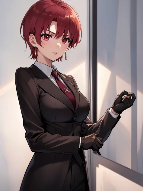 (masterpiece, best quality:1.2), bazett, fgo, 1girl, solo, short hair, red hair, bangs, red eyes,  large breasts, black gloves, ...