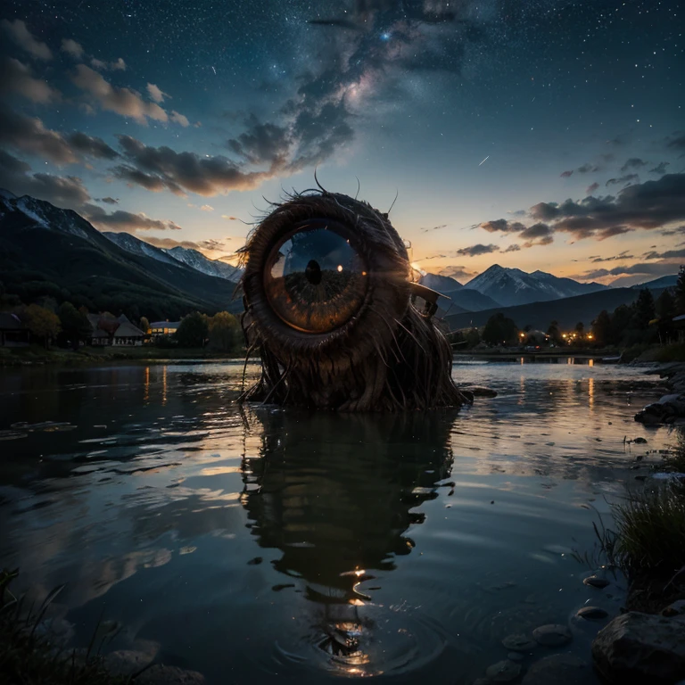 a giant eye emerges from the waters of a mountain lake. His reflection in the water is a real sight. The eye emerges from the waters during a starry night, high quality, realistic lighting, center of the picture, (a giant eye is reflected on the water), clear and quiet water surface, starry sky, mountains in background, (the eye is perfectly reflected on the water), (perfect reflections)