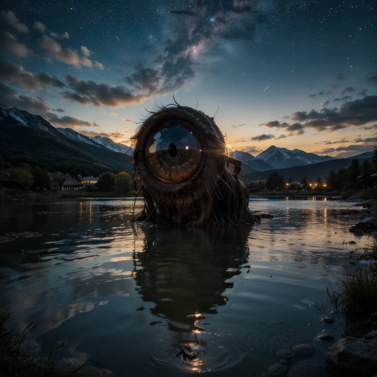 Un ojo gigante emerge de las aguas de un lago de montaña.. Su reflejo en el agua es un espectáculo real.. El ojo emerge de las aguas durante una noche estrellada, alta calidad, Iluminación realista, Centro de la imagen, (un ojo gigante se refleja en el agua), superficie de agua clara y tranquila, cielo estrellado, montañas en el fondo, (el ojo se refleja perfectamente en el agua), (reflejos perfectos)