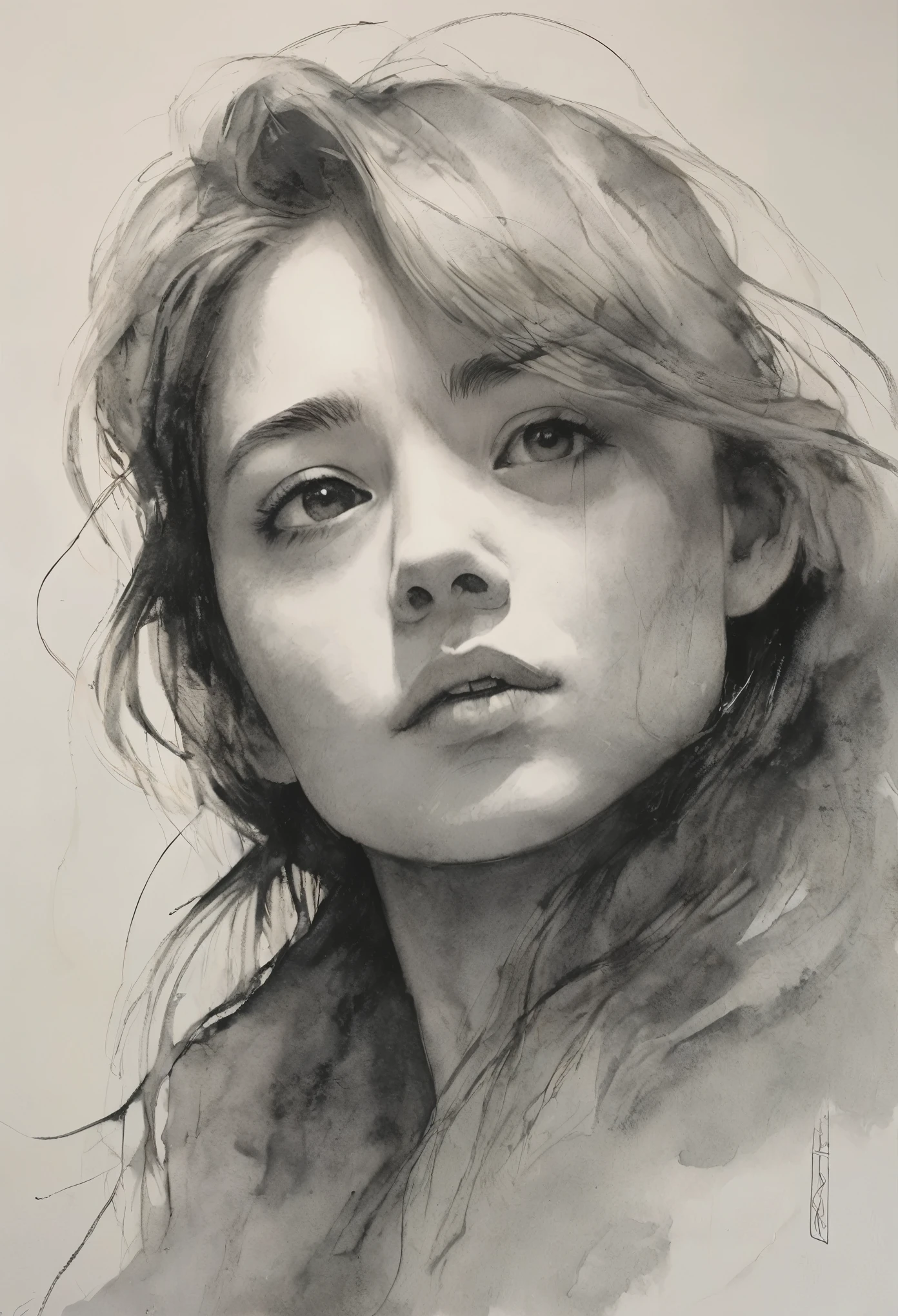 (highest quality, High resolution, masterpiece:1.2), Super detailed, actual:1.37, Black ink sketch, smooth lines, Expressive facial expressions and gestures, simple background, Emphasis on light and shadow and spatial perception, Plenty of negative space, young girl.Ink Portrait,smooth lines,Expressive facial features,Subtle emotions,Ink strength comparison,simple background,Emphasis on light and shadow,wide々It was,Plenty of negative space,peaceful atmosphere,peaceful atmosphere,feels like a dream,Delicate yet fascinating details,pastel colour,Calm and introspective,An elegant gesture,Gentle movements,Calm and innocent,Elegant Whisper,quiet and elegant,shining,sublime beauty,Vector illustration,black and white,Natural and Organic,Nourish、Calming the mind,Sublime simplicity,fantastic charm.