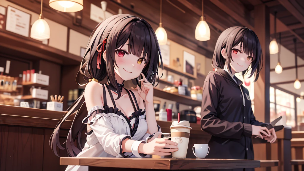 (original photo, best quality), 1 girl, Tokisaki Kurumi, natural lighting, Upper body, cafes, Smile, Satosh Khan Art Style