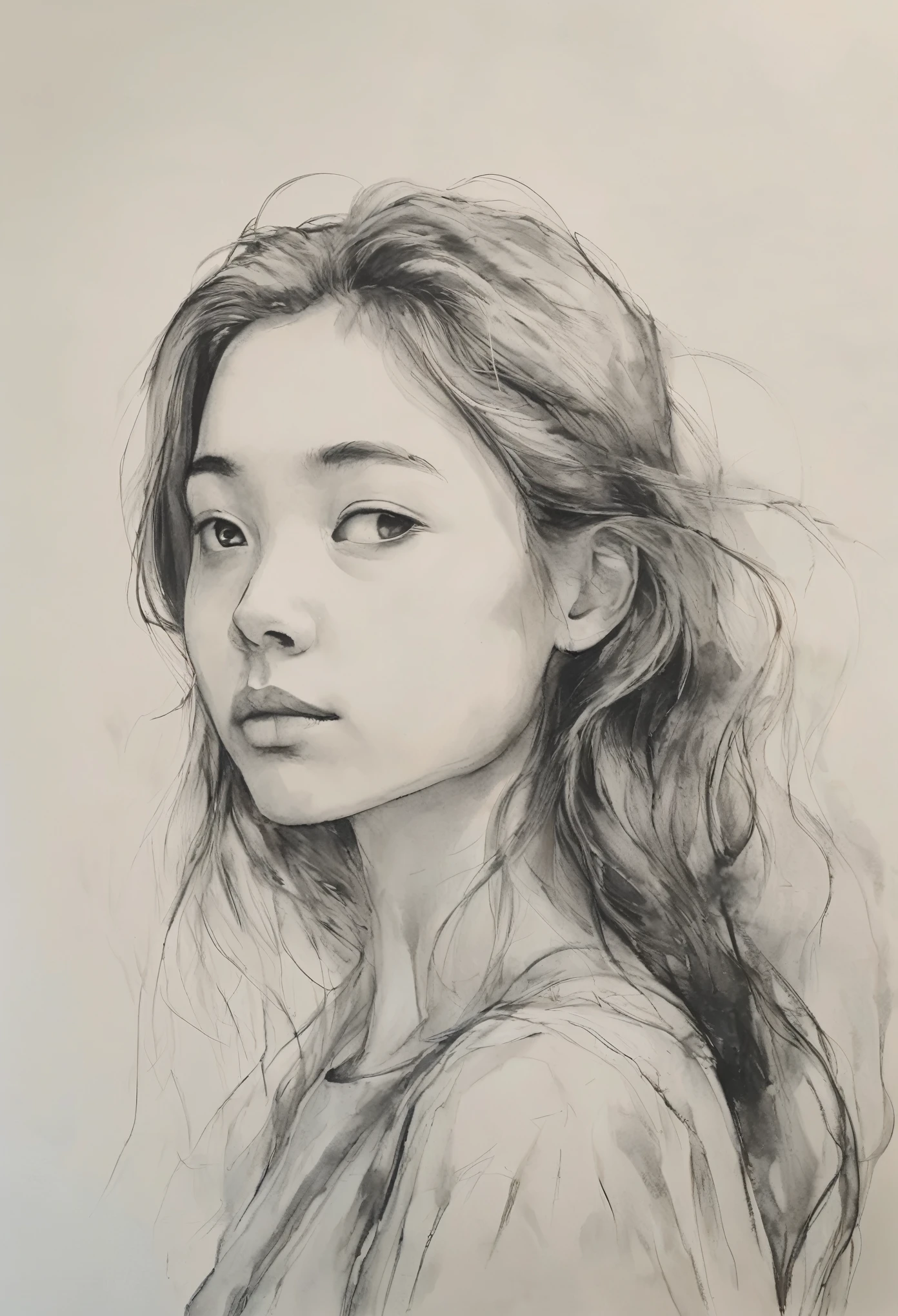 (highest quality, High resolution, masterpiece:1.2), Super detailed, actual:1.37, Black ink sketch, smooth lines, Expressive facial expressions and gestures, simple background, Emphasis on light and shadow and spatial perception, Plenty of negative space, young girl.Ink Portrait,smooth lines,Expressive facial features,Subtle emotions,Ink strength comparison,simple background,Emphasis on light and shadow,wide々It was,Plenty of negative space,peaceful atmosphere,peaceful atmosphere,feels like a dream,Delicate yet fascinating details,pastel colour,Calm and introspective,An elegant gesture,Gentle movements,Calm and innocent,Elegant Whisper,quiet and elegant,shining,sublime beauty,Vector illustration,black and white,Natural and Organic,Nourish、Calming the mind,Sublime simplicity,fantastic charm.