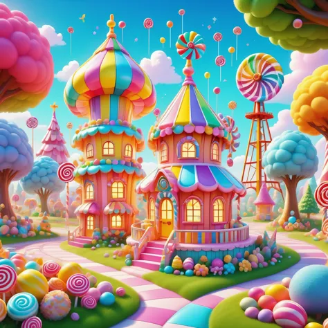 enchanted forest。candyland。Cake Castle。Candy Ferris Wheel。Candy Tree Candy Windmill，rich and colorful。colorful， cartoon style, l...