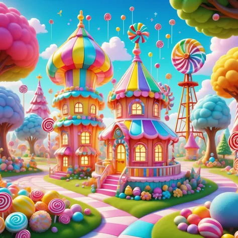 enchanted forest。candyland。cake castle。candy ferris wheel。candy tree candy windmill，rich and colorful。colorful， cartoon style, l...