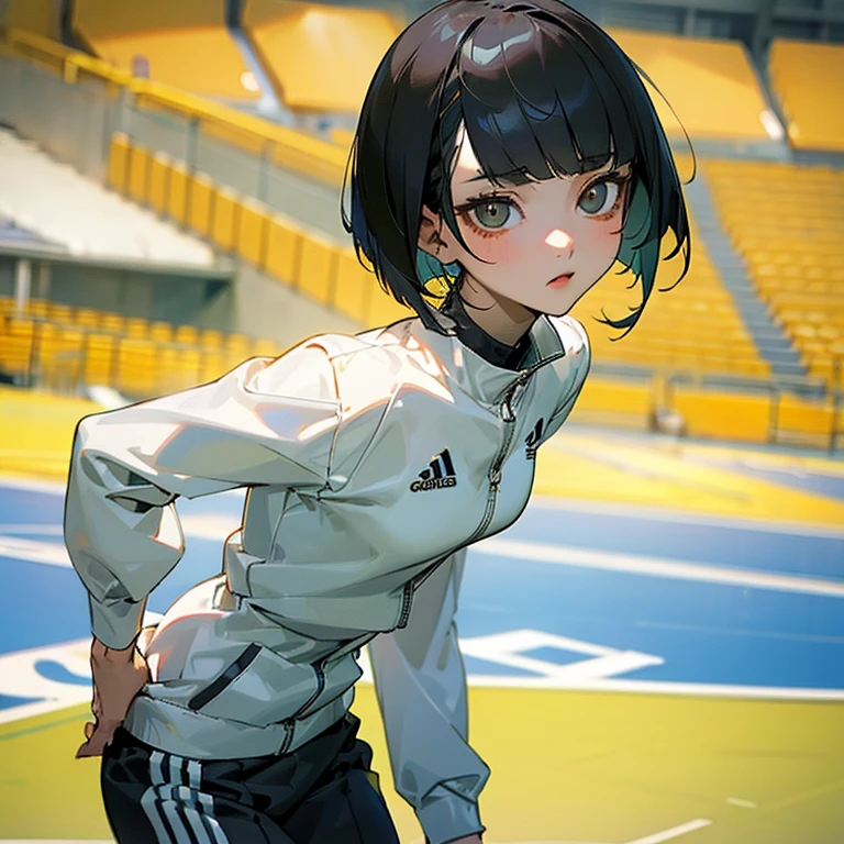 masterpiece、delicate details、tracksuit、Adidas Clothing（zip up）、big breasts、thin waist、athlete、sexy、While taking off my clothes、Slender beauty、Your face is so cute、Bangs Patsun、Cropped bob cut、spats、long eyelashes、Big eyes、light makeup、athletics stadium、