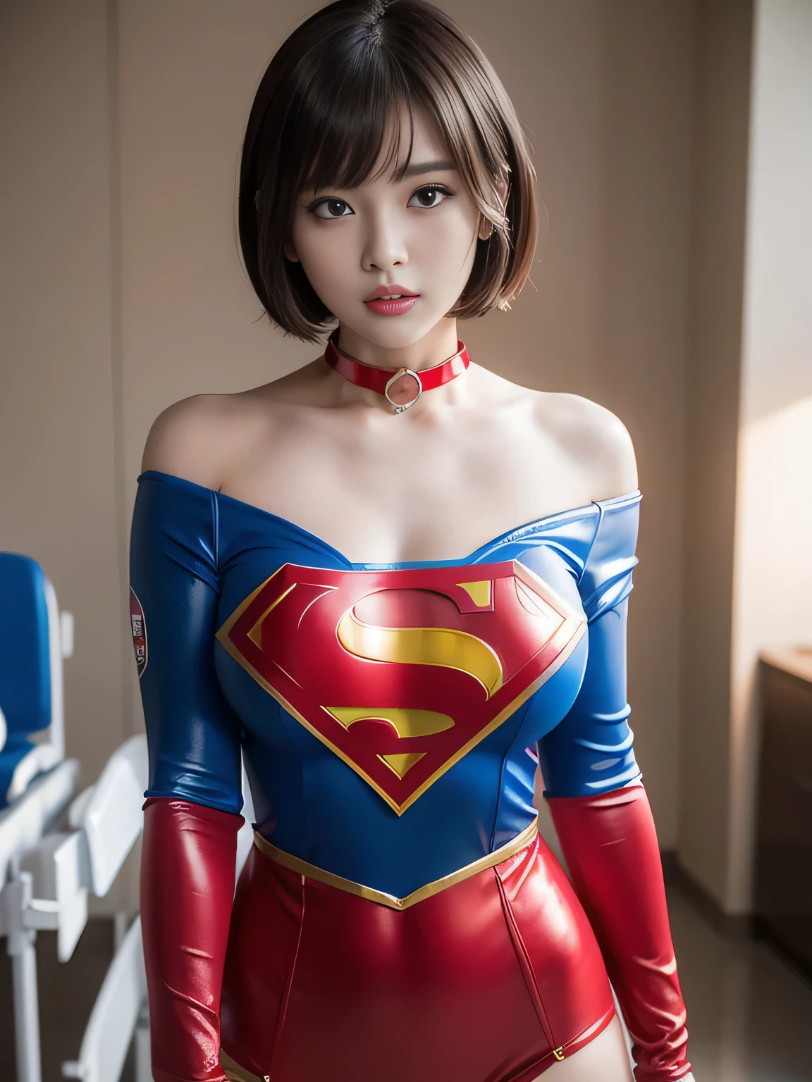 masterpiece、Enamel Supergirl Costume、short hair、Hospital operating table、Crisis situation、big and full breasts、looking at the camera、shiny、off shoulder、choker、long sleeve、red exy poses to seduce、sweaty、model body shape、Glamorous、charm、charming、abused、