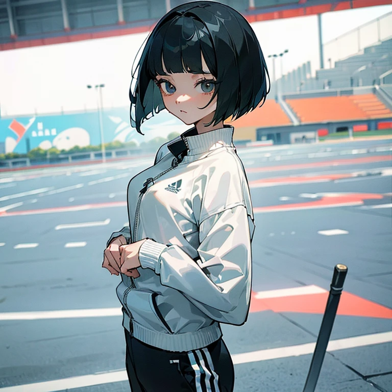 masterpiece、delicate details、tracksuit、Adidas Clothing（zip up）、big breasts、thin waist、athlete、While taking off my clothes、Slender beauty、Your face is so cute、Bangs Patsun、Cropped bob cut、spats、long eyelashes、Big eyes、athletics stadium、