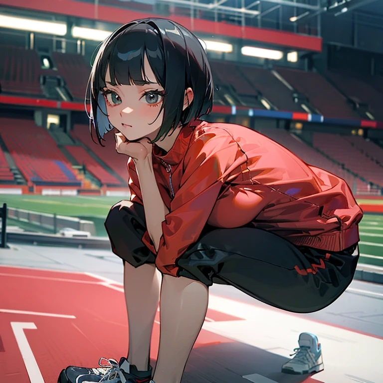 masterpiece、delicate details、tracksuit、Adidas Clothing（zip up）、big breasts、thin waist、athlete、Slender beauty、Your face is so cute、Bangs Patsun、Cropped bob cut、Short leggings、long eyelashes、Big eyes、athletics stadium、beautiful legs