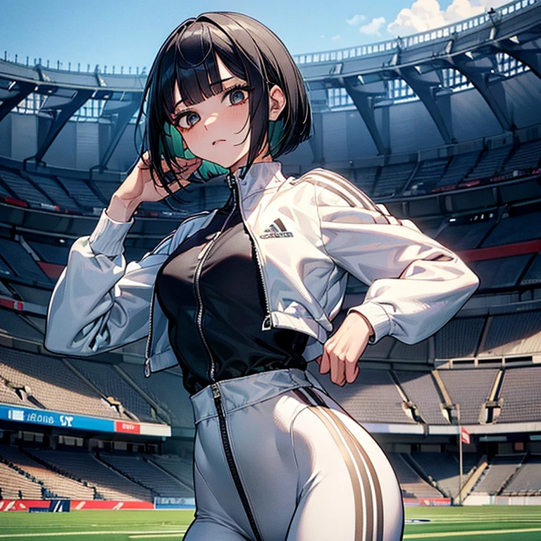 masterpiece、delicate details、tracksuit、Adidas Clothing（zip up）、smaller breasts、thin waist、athlete、leggings、Slender beauty、Your face is so cute、Bangs Patsun、Cropped bob cut、long eyelashes、Big eyes、athletics stadium