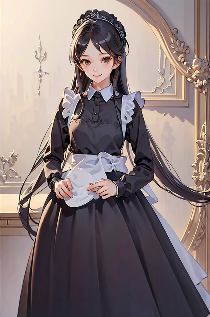 anime Frau, lange Haare, schwarzes Haar, braune Augen, Dienstmädchen Kleid, lange Ärmel, Lange Röcke, lächeln, Zimmer Hintergrund