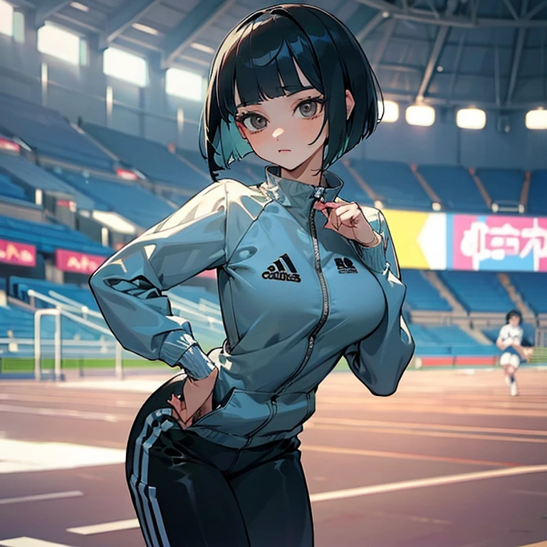 masterpiece、delicate details、tracksuit、Adidas Clothing（zip up）、big breasts、thin waist、athlete、Slender beauty、Your face is so cute、Bangs Patsun、Cropped bob cut、Short leggings、long eyelashes、Big eyes、athletics stadium、beautiful legs