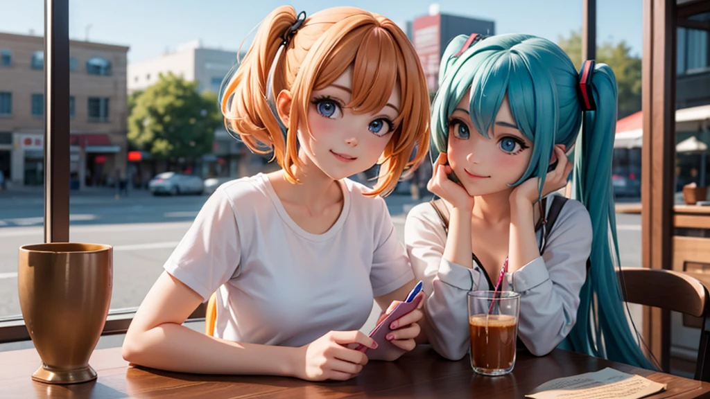 (Foto original, mejor calidad), 1 chica, Hatsune Miku , iluminación natural, Parte superior del cuerpo, cafés, sonrisa,
Estilo artístico de Satosh Khan