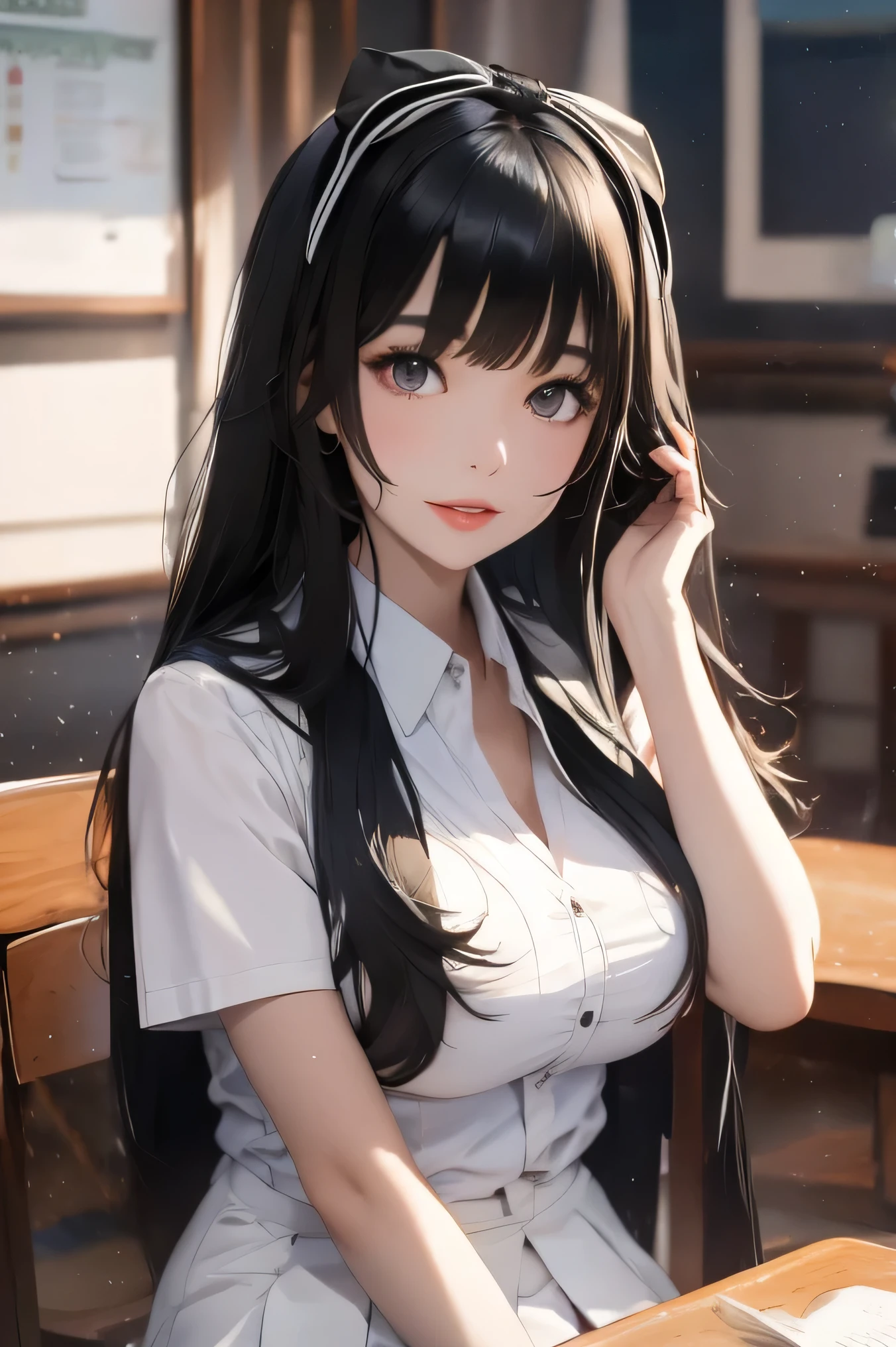 perfect face　black hair　long hair　bangs bangs　pale skin　black eyes　middle School girls　ribbon　cute　masterpiece　smile　classroom　alone　face　upper body　arms behind back　upward glance　uniform　huge breasts　sitting　school uniform　head rest　early morning　cleavage　gigantic breasts　