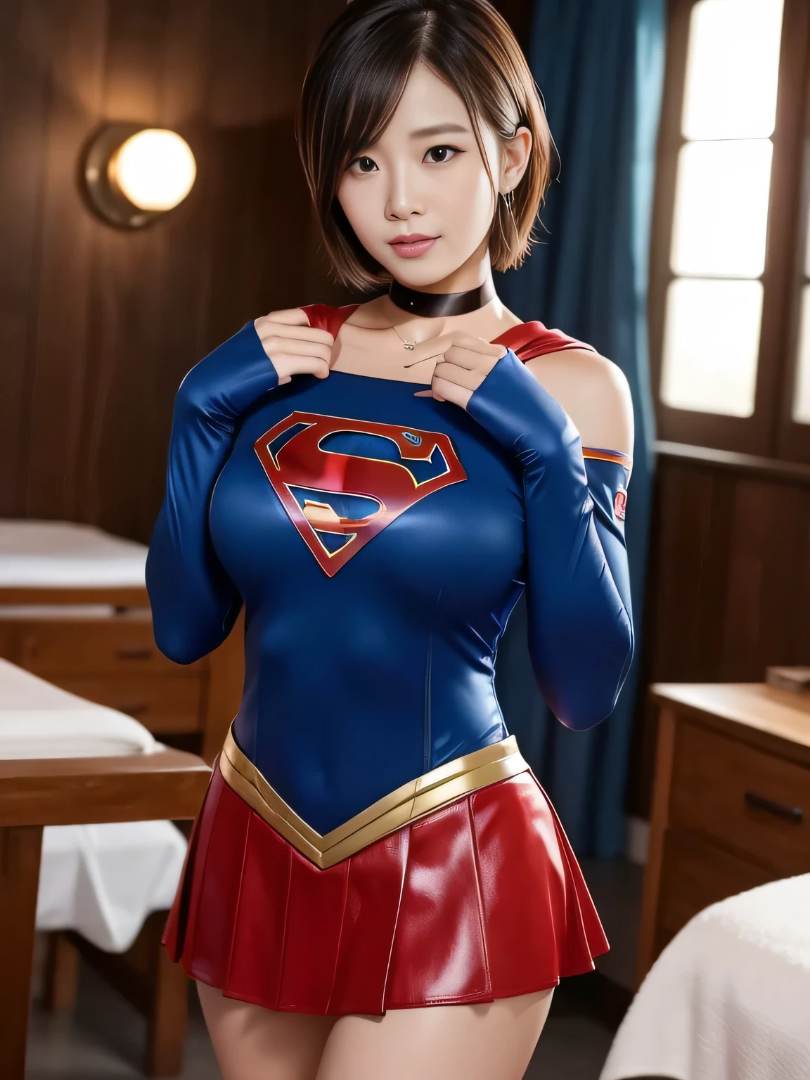 masterpiece、supergirl costume、short hair、barefoot、big and full breasts、Research room、operating table、oil massage、Oily Skin、shiny、look at the camera、Sexy poses to seduce、model body shape、choker、long sleeve、red mini skirt、Cowgirl、Estrus、sweaty、Radical、off shoulder、Glamorous、charm、charming、Fascinating、abused、