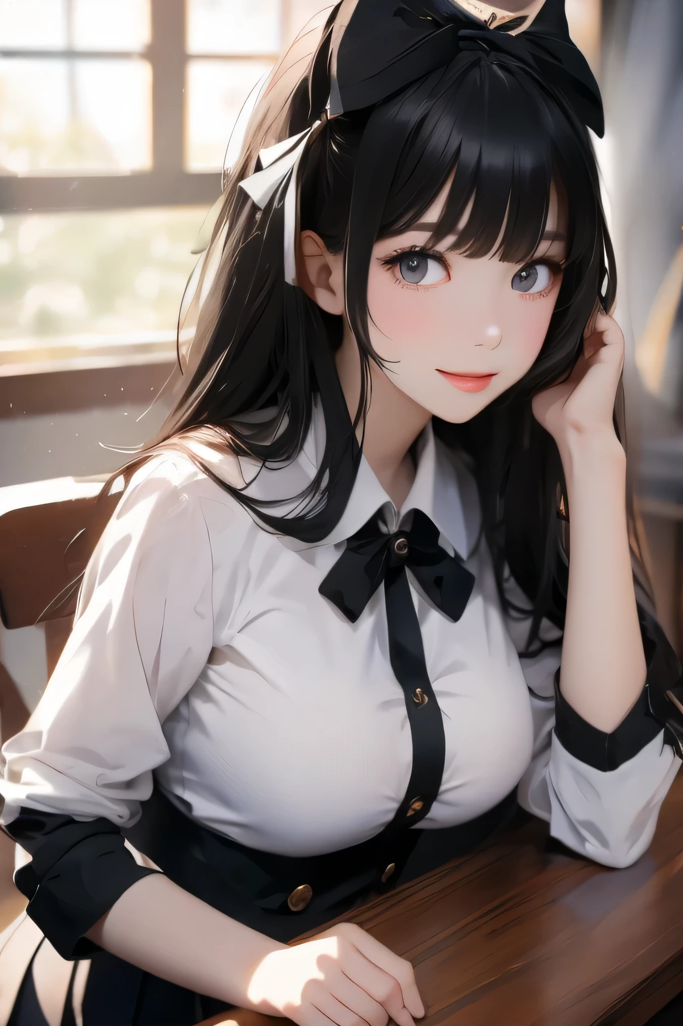 perfect face　black hair　long hair　bangs bangs　pale skin　black eyes　middle School girls　ribbon　cute　masterpiece　smile　classroom　alone　face　upper body　arms behind back　upward glance　uniform　huge breasts　sitting　school uniform　head rest　early morning　cleavage　gigantic breasts　