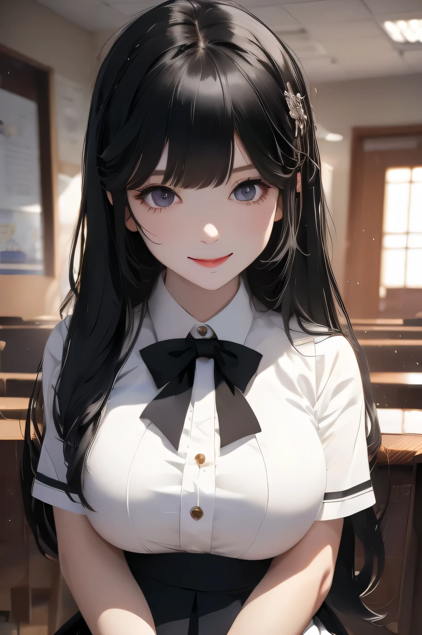 perfect face　black hair　long hair　bangs bangs　pale skin　black eyes　middle School girls　ribbon　cute　masterpiece　smile　classroom　alone　face　upper body　arms behind back　upward glance　uniform　huge breasts　sitting　school uniform　head rest　early morning　cleavage　gigantic breasts　Ladylike　Lady