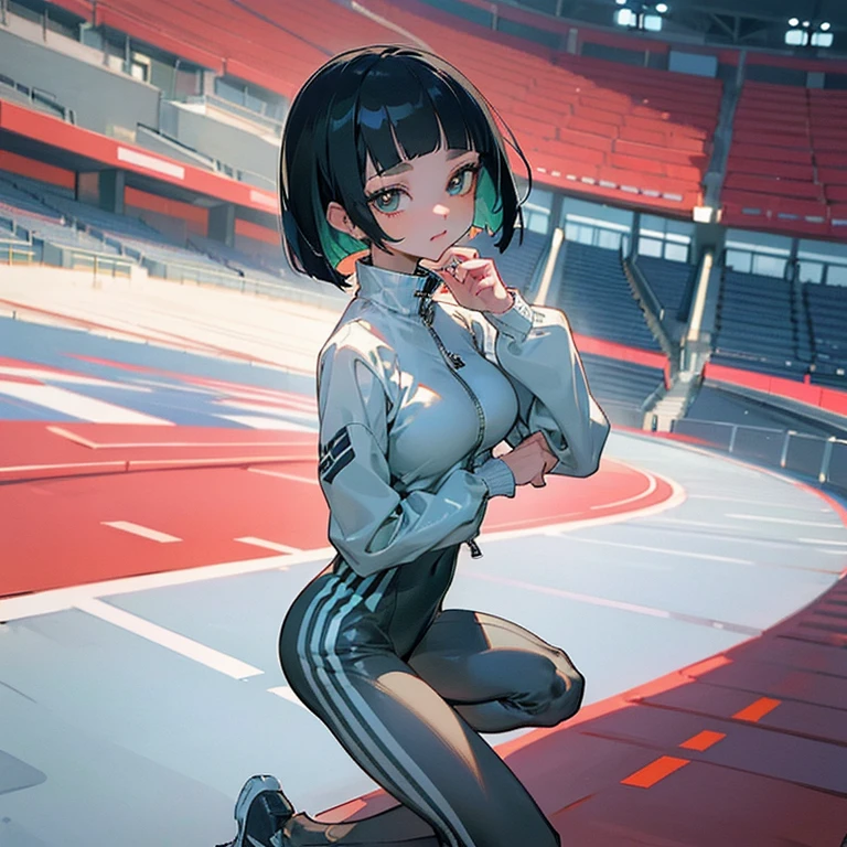 masterpiece、delicate details、tracksuit、Adidas Clothing（zip up）、big breasts、thin waist、athlete、Slender beauty、Your face is so cute、Bangs Patsun、Cropped bob cut、Short leggings、long eyelashes、Big eyes、athletics stadium、beautiful legs