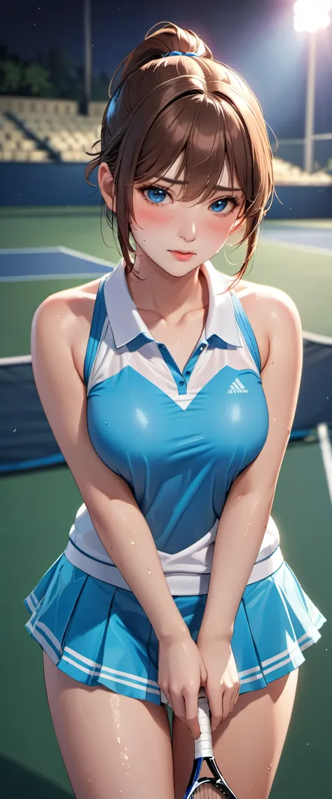 woman,25 years old,brown hair,Tennis uniform,short hair,blue eyes,Mansuji, ,,I can see your underwear,Full body Esbian, (close shot, highest quality, High resolution, 4k, detailed lighting, shader, NSFW),  embarrassed look  ( blush:1.2)(Wet state)beautiful...