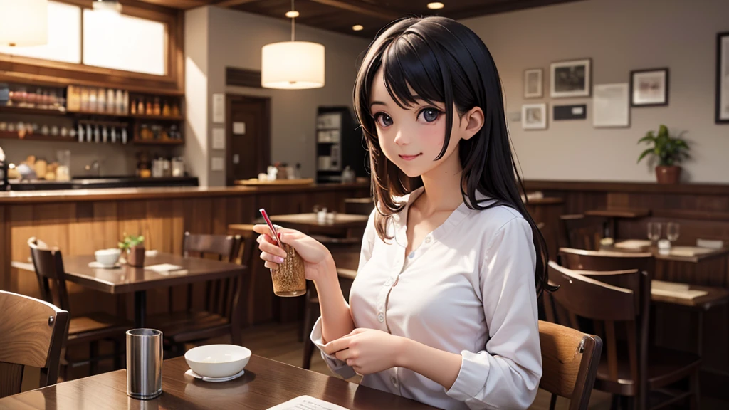 (original photo, best quality), 1 girl,  Naoha Kiritani, natural lighting, Upper body, cafes, Smile, Satosh Khan Art Style