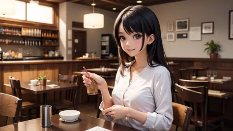 (original photo, best quality), 1 girl,  naoha kiritani, natural lighting, upper body, cafes, smile, satosh khan art style