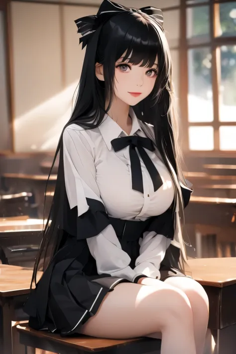 perfect face　black hair　long hair　bangs bangs　pale skin　black eyes　middle School girls　ribbon　cute　masterpiece　smile　classroom　a...