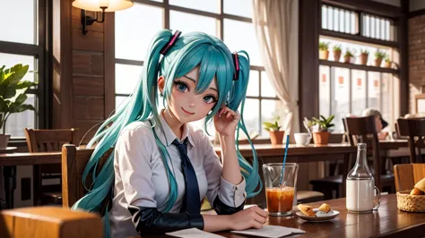 (original photo, best quality), 1 girl, Hatsune Miku , natural lighting, Upper body, cafes, Smile,
Satosh Khan Art Style