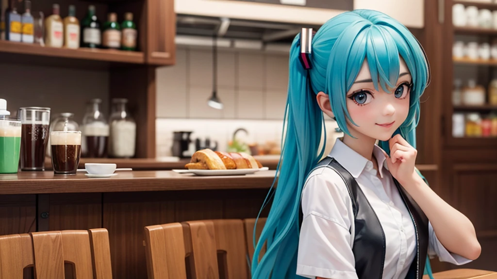 (オリジナル写真, 最高品質), 女の子1人, Hatsune miku , 自然光, 上半身, カフェ, 笑顔,
サトシュ・カーンのアートスタイル