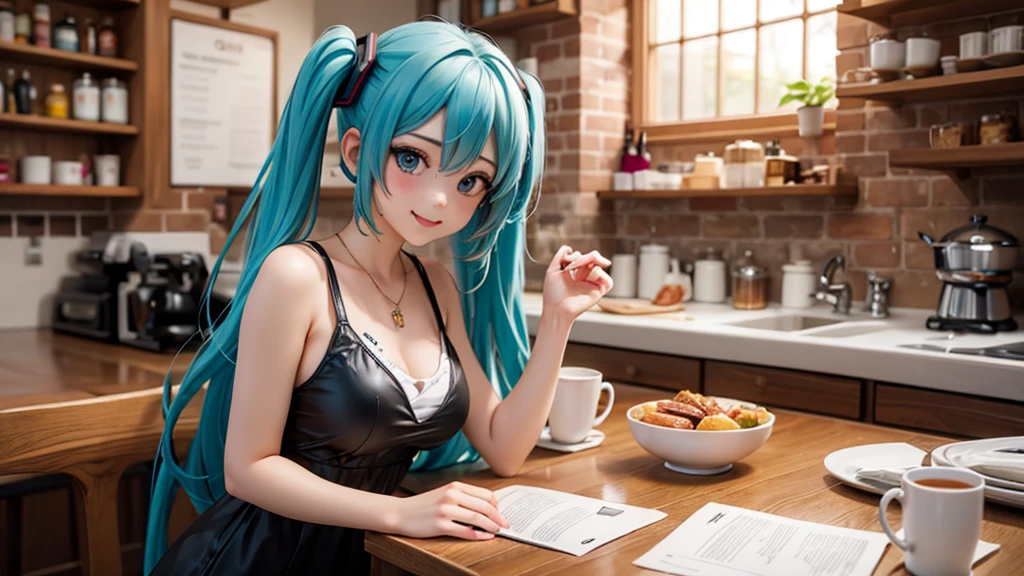 (Foto original, mejor calidad), 1 chica, Hatsune Miku , iluminación natural, Parte superior del cuerpo, cafés, sonrisa,
Estilo artístico de Satosh Khan