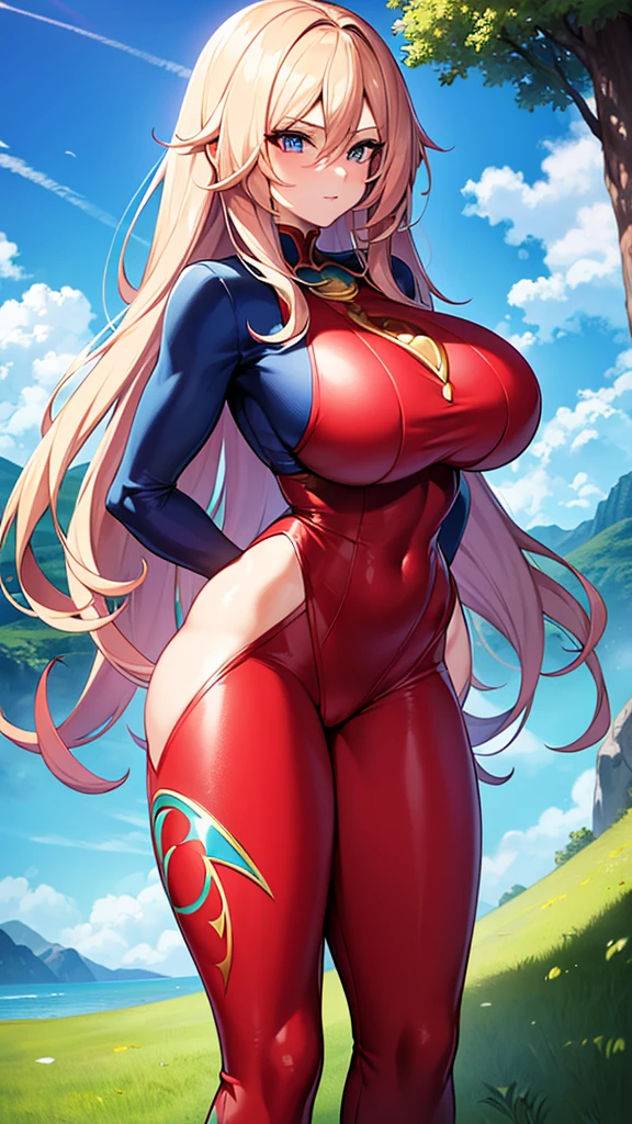 I present to you a stunning masterpiece depicting the android character Android 21 from the Dragon Ball Fighters game. Here's a detailed description of the artwork:

The scene is set on a lush green planet with a clear blue sky, surrounded by massive cliffs and towering trees. In the center, Android 21 is standing tall, her face showcasing her radiant beauty. She's wearing a tight red and blu outfit, with intricate designs and patterns. The outfit accentuates her toned muscles and captivating curves. Her long, flowing hair cascades down her back, framing her perfect face.