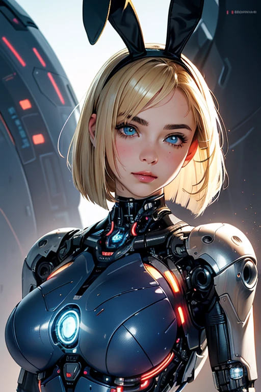 Realistic, 14 year old girl, smile face, skin realism, big breasts,(1girl in:1.5),(cybernetic body:1.5),(Highest image quality, excellent details, Ultra-high resolution, (Realism: 1.4), The best illustrations, favor details, One girl highly condensed,(presence:1.5),(Dynamic:1.5),(Bold:1.5)),(Thin hair:1.8),(blonde bob hair:1.5),((blue eye:1.2)),(mechanical bunny ears headband:1.3),the background is a high-tech lighting scene of the futuristic city, 