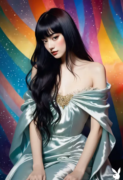 chiaroscuro technique on sensual illustration of an elegant queen (((long hair with bangs:1.4、Beautiful bangs) , vintage ,silky ...